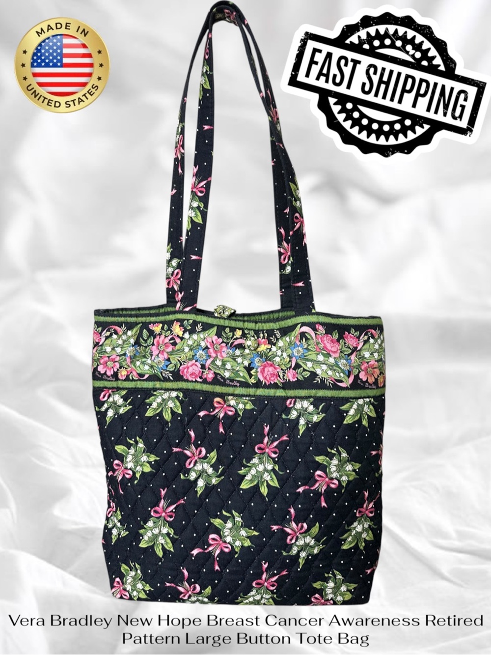 Vera Bradley New Hope Retired Pattern Large Button Tote Bag USA FAST SHIPPING